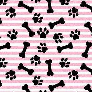 bones and paws fabric - dog bones and paw prints - pink stripes
