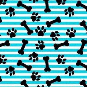 bones and paws fabric - dog bones and paw prints - teal stripes