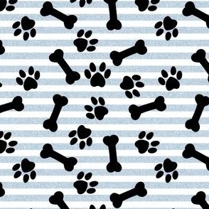 bones and paws fabric - dog bones and paw prints - blue stripes