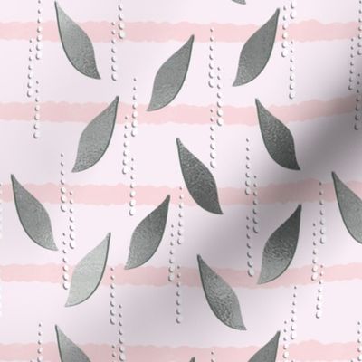 Leaves Rain - Silver-grey Leaves & Drops on Pink Stripes