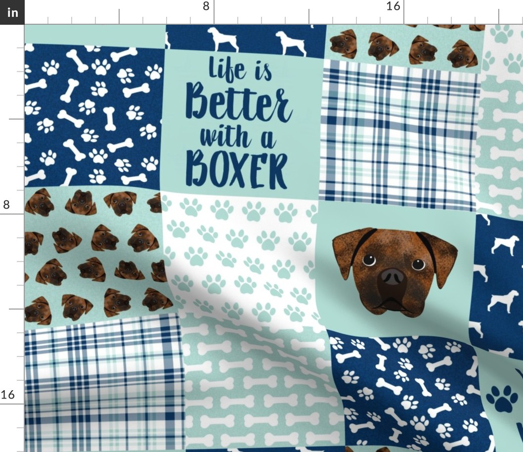 brindle boxer quilt fabric - cheater quilt, dog quilt, dog patchwork - navy