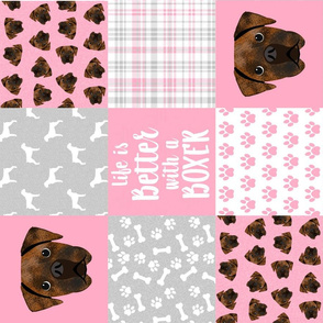 brindle boxer quilt fabric - cheater quilt, dog quilt, dog patchwork - pink