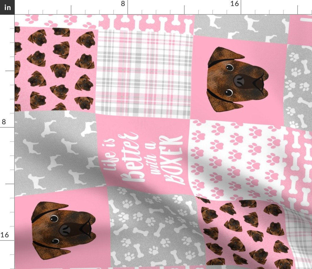 brindle boxer quilt fabric - cheater quilt, dog quilt, dog patchwork - pink