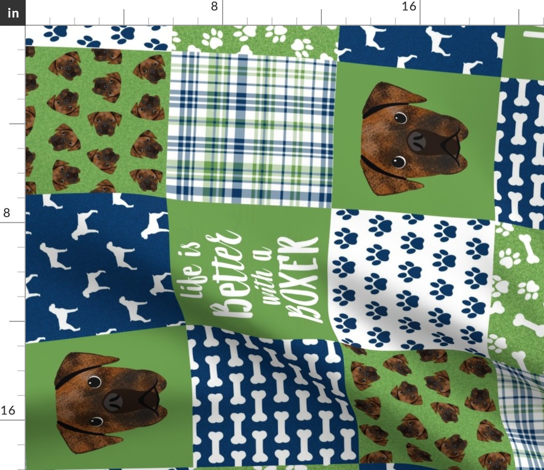 brindle boxer quilt fabric - cheater quilt, dog quilt, dog patchwork - green