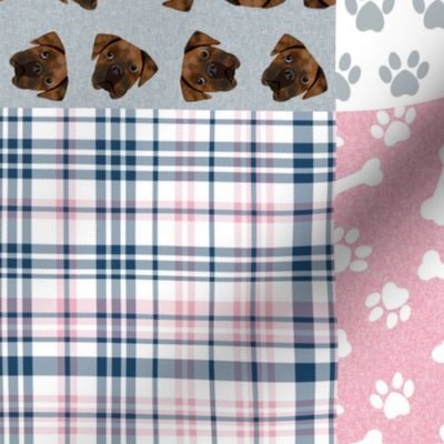 brindle boxer quilt fabric - cheater quilt, dog quilt, dog patchwork - pink and navy