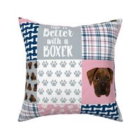 brindle boxer quilt fabric - cheater quilt, dog quilt, dog patchwork - pink and navy