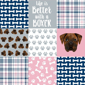 brindle boxer quilt fabric - cheater quilt, dog quilt, dog patchwork - pink and navy