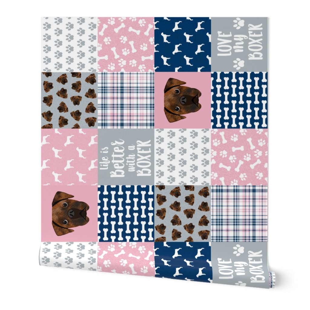 brindle boxer quilt fabric - cheater quilt, dog quilt, dog patchwork - pink and navy