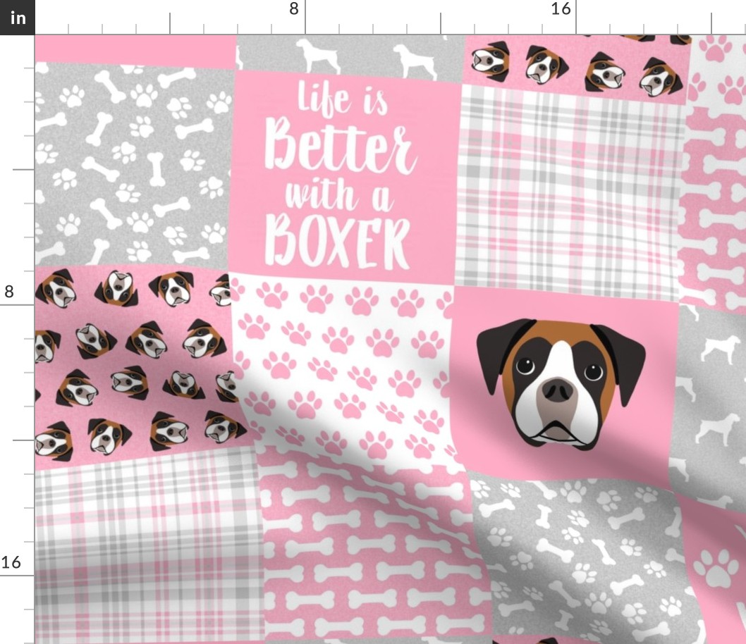 fawn boxer dog quilt - cheater quilt, dog quilt fabric - pink