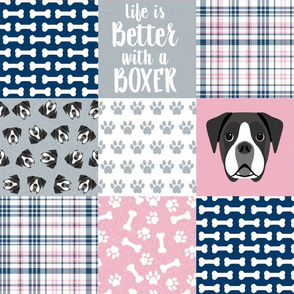 black and white boxer quilt - cheater quilt, dog quilt - navy