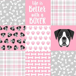 black and white boxer quilt - cheater quilt, dog quilt - pink