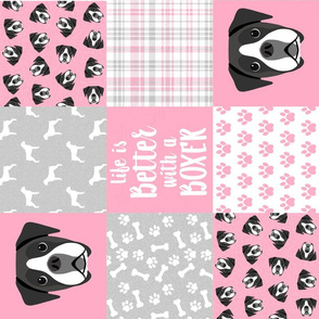black and white boxer quilt - cheater quilt, dog quilt - pink