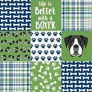 black and white boxer quilt - cheater quilt, dog quilt - green