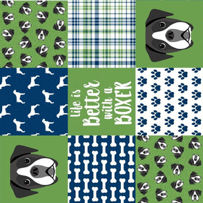 black and white boxer quilt - cheater quilt, dog quilt - green