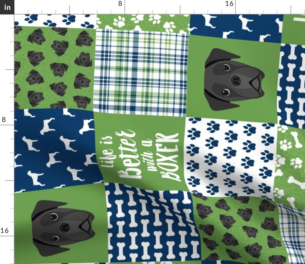 black boxer dog quilt - dog quilt, cheater quilt - green