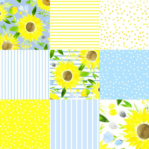 Sunflower Fields for Spring Cheater Quilt - Blue Skies 