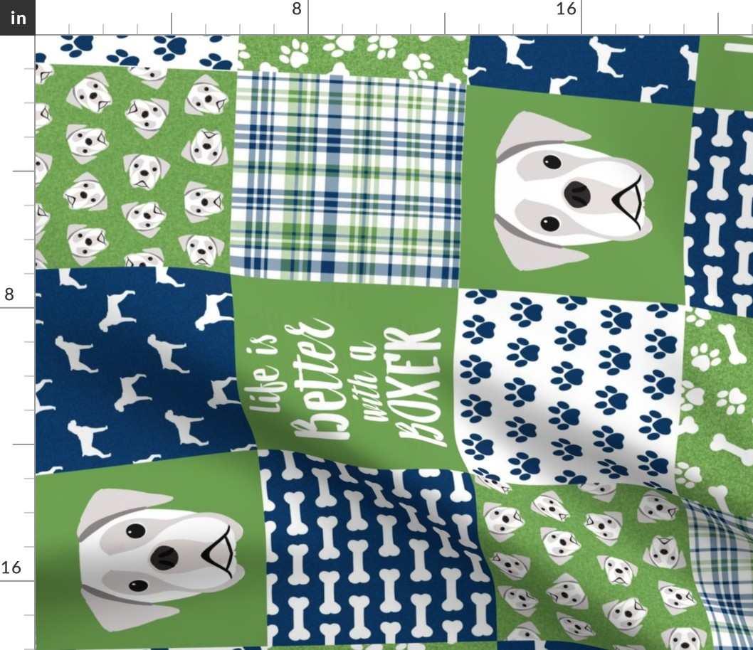 white boxer dog cheater quilt - dog quilt, boxer dog - green