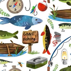 XL Gone Fishing - wallpaper and fabric