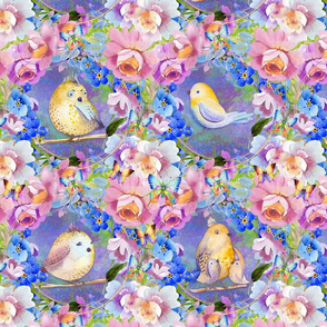 8" CHEATERQUILT 4 YELLOW BIRDS AMONG FLOWERS BLUE PINK PURPLE BUTTERFLIES FLWRHT