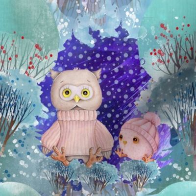 8" SNOW DAY MOM AND BABY OWL 2 CHRISTMAS WINTER NIGHT PINK CORAL FLWRHT