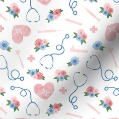 floral nurse melody - nursing - syringe, ekg, stethoscope -  pink and blue - LAD20