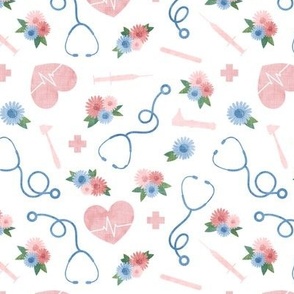 floral nurse melody - nursing - syringe, ekg, stethoscope -  pink and blue - LAD20