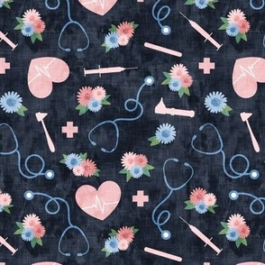 floral nurse melody - nursing - syringe, ekg, stethoscope -  pink and blue on blue - LAD20