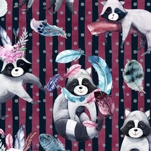 RACCOONS ON STRIPES AND DOTS BURGUNDY FLWRHT