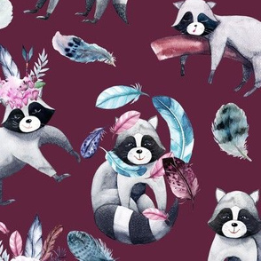 RACCOONS ON BURGUNDY FLWRHT