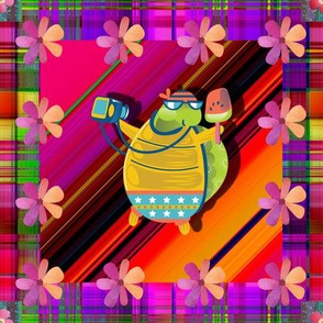 8" tiles SUMMER ANIMAL turtle TILE ON PLAID MULTICOLOR BRIGHT 6