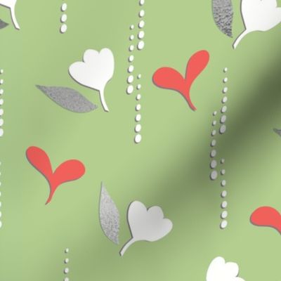 Hearts and Flowers Rain- Sm. Coral Hearts & Silver-grey Leaves on Green