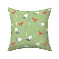 Hearts and Flowers Rain- Sm. Coral Hearts & Silver-grey Leaves on Green