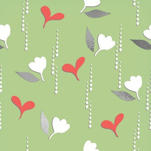 Hearts and Flowers Rain- Sm. Coral Hearts & Silver-grey Leaves on Green