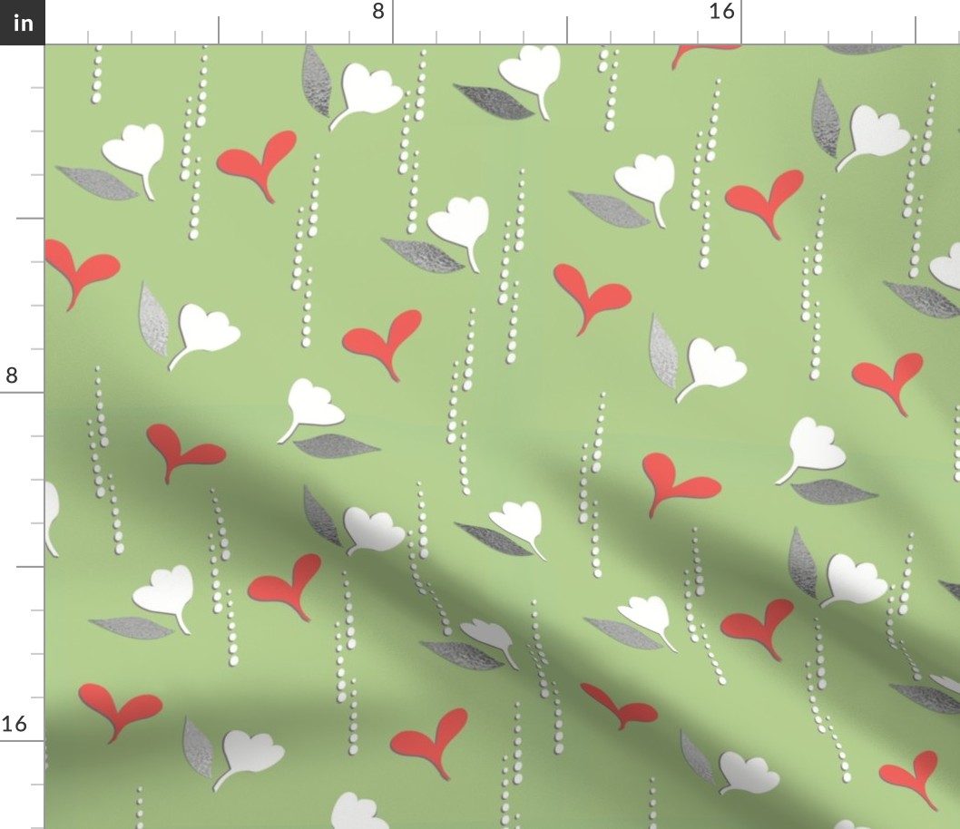 Hearts and Flowers Rain- Sm. Coral Hearts & Silver-grey Leaves on Green