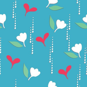 Hearts and Flowers RainSm. Pink Hearts, Flowers on Blue-Teal