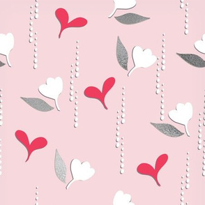 Hearts and Flowers Rain- Small Coral-Pink Hearts, Silver-grey Leaves on Pink 