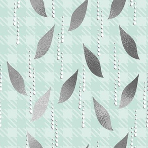 Leaves Rain- Silver Leaves, white Drops on Mint Herringbone