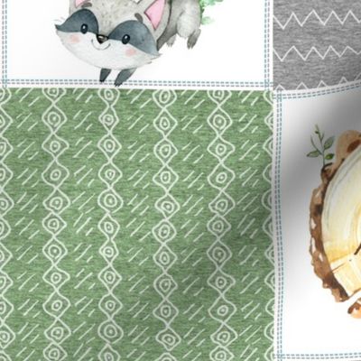 Woodland Adventures Patchwork Quilt Top (putty, grays, green) Kids Woodland Blanket Fabric, Deer Bear Hedgehog Moose, design B