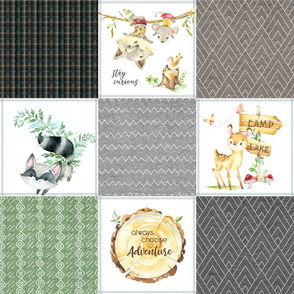 Woodland Adventures Patchwork Quilt Top (putty, grays, green) Kids Woodland Blanket Fabric, Deer Bear Hedgehog Moose, design B