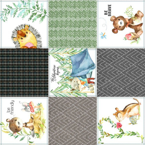 Woodland Adventures Patchwork Quilt Top (putty, grays, green) Kids Woodland Blanket Fabric, ROTATED design B
