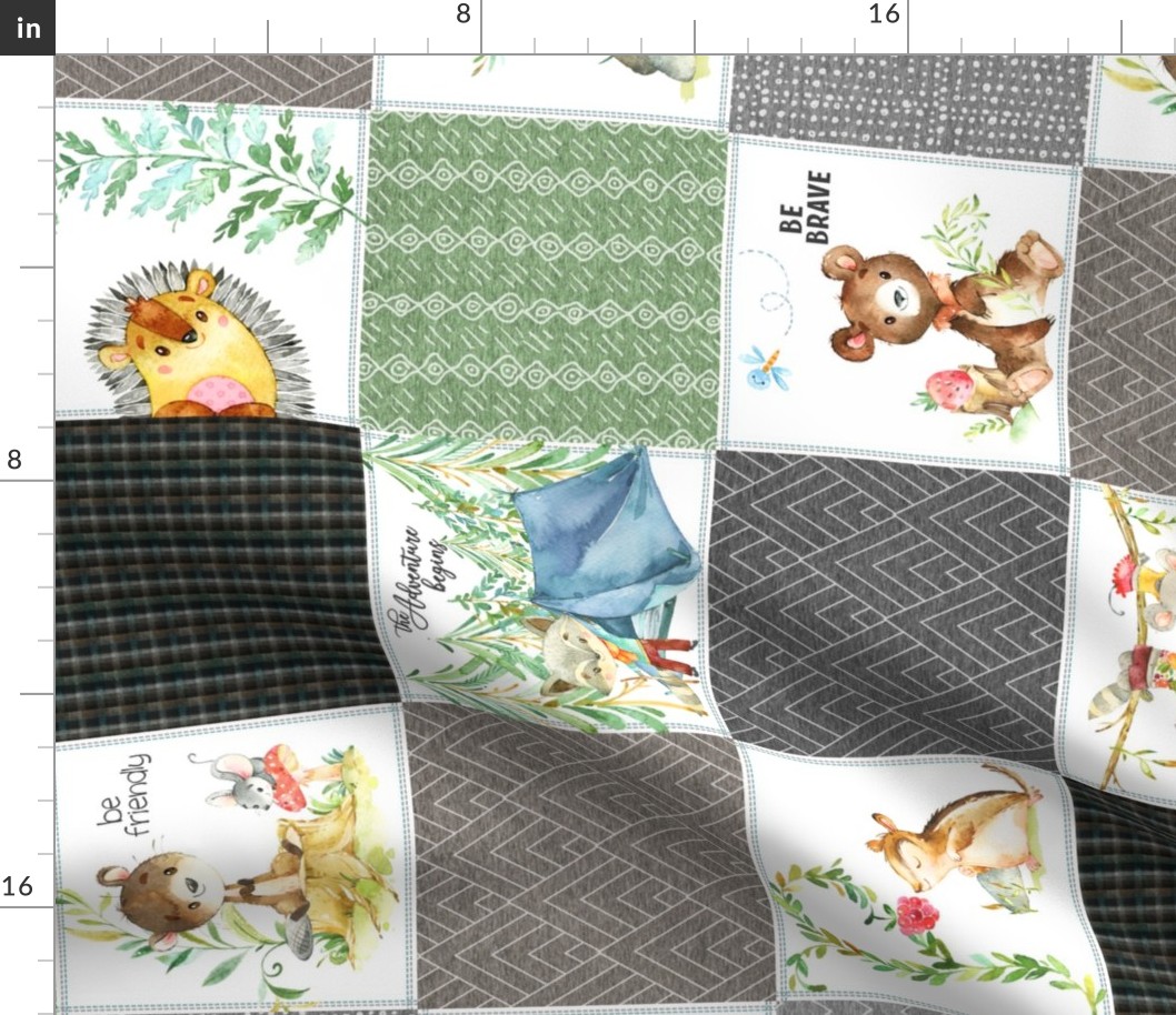 Woodland Adventures Patchwork Quilt Top (putty, grays, green) Kids Woodland Blanket Fabric, ROTATED design B