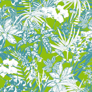 tropical plants on a lime color background
