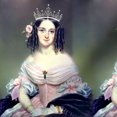 pink Victorian queen princess queen flowers floral roses diamond crowns tiaras bracelets brooch off shoulder dress gowns fairy tales bows gloves lace ringlets curly barrel curls black hair ornate beauty 19th century historical ornate royal portraits beaut