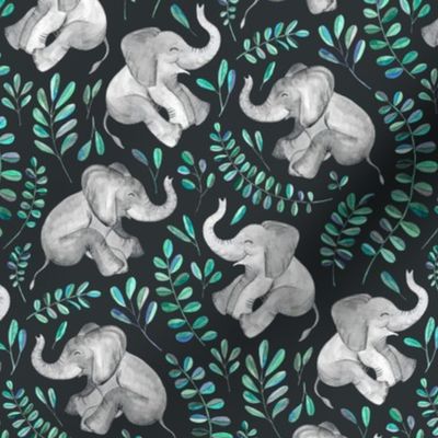 Laughing Baby Elephants with Emerald and Turquoise leaves - custom 2" print