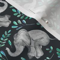 Laughing Baby Elephants with Emerald and Turquoise leaves - custom 2" print