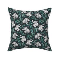 Laughing Baby Elephants with Emerald and Turquoise leaves - custom 2" print