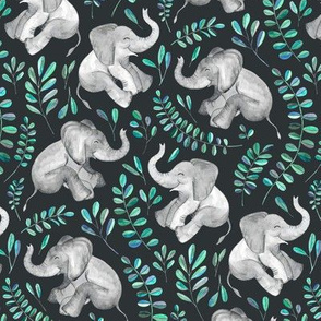 Laughing Baby Elephants with Emerald and Turquoise leaves - custom 2" print