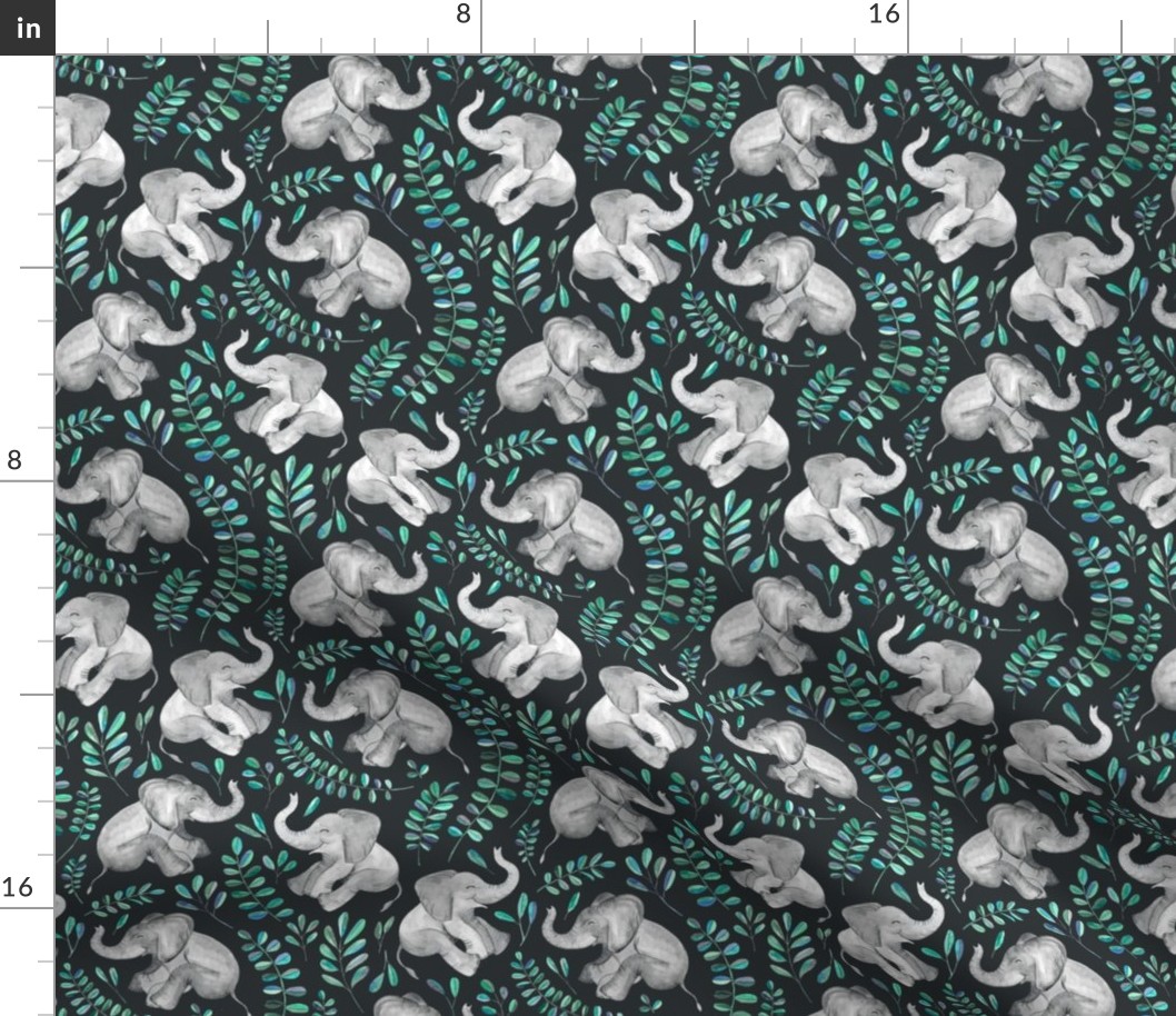 Laughing Baby Elephants with Emerald and Turquoise leaves - custom 2" print