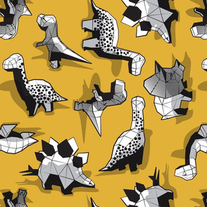 Normal scale // Geometric Dinos // non directional design mustard yellow background black and white dinosaurs