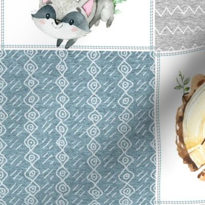 Woodland Adventures Patchwork Quilt Top (blueberry, grays, stonewash) Kids Woodland Blanket Fabric, Deer Fox Hedgehog Moose, design D